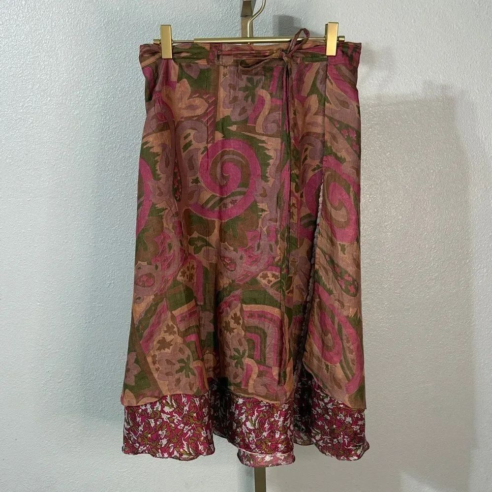 Bohemian Reversible Silk Blend Wrap Skirt Boho Floral Pink Green Multi-Wear